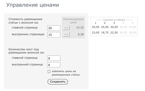 Цены на размещение статей Sape